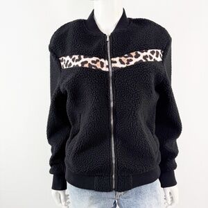Zyia Active Black Leopard Fleece V Jacket Size S Full Zip Up Sporty Classic NEW